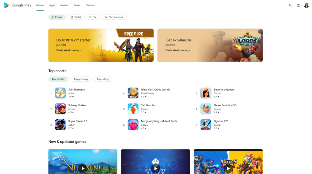 Google Play store games / oyunlar ekranı