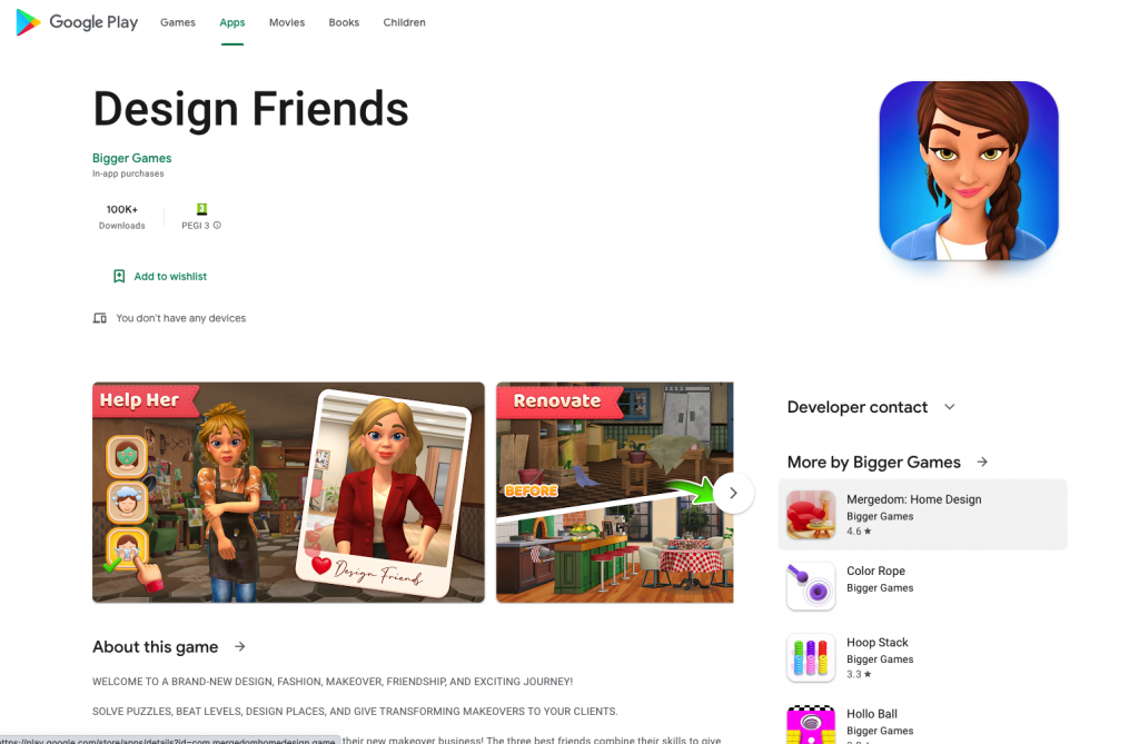 Google Play store Design Friends oyun sayfası - yeni görünüm